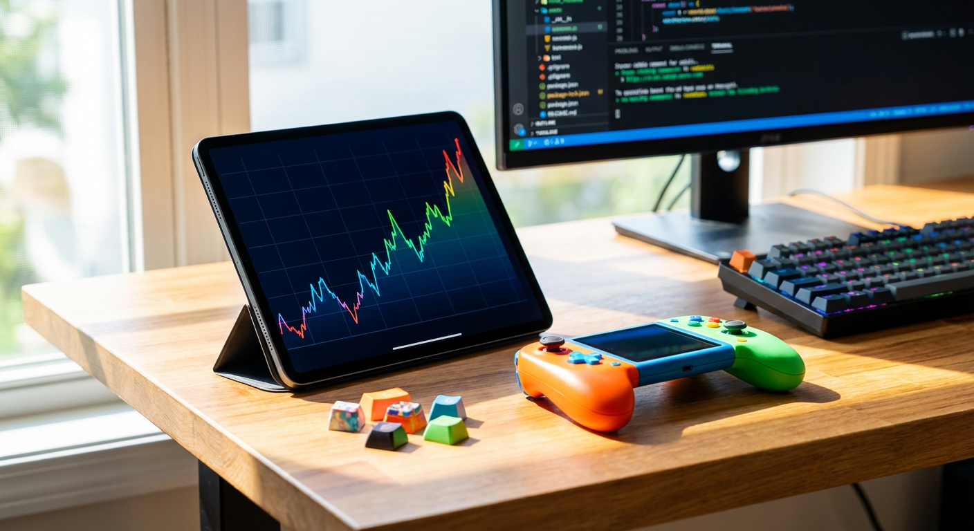 A close-up of a digital tablet displaying a game development funding analysis with a rising graph line.