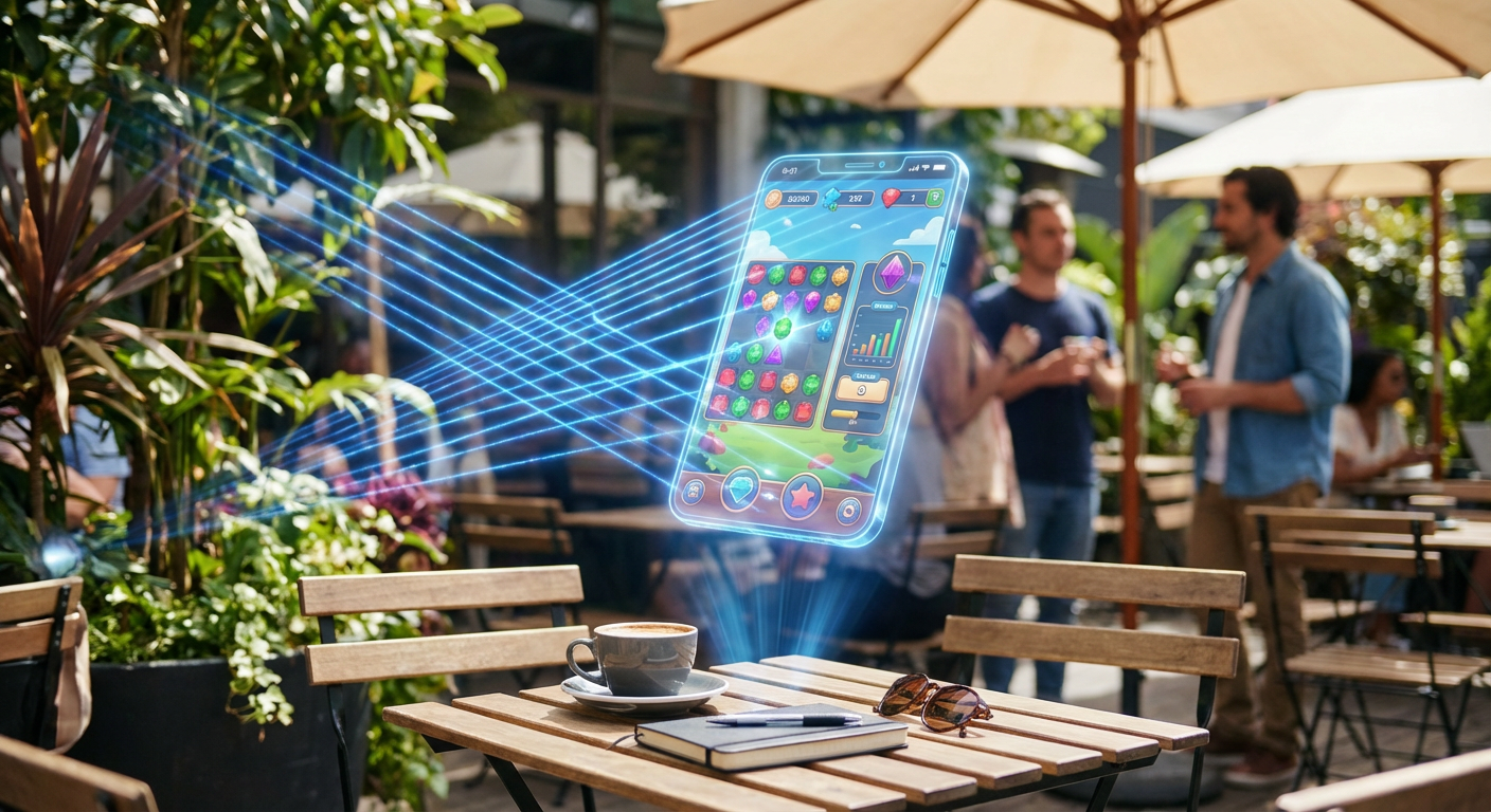 Concept art of a mobile game interface being analyzed by a digital scanning tool for fairness algorithms.