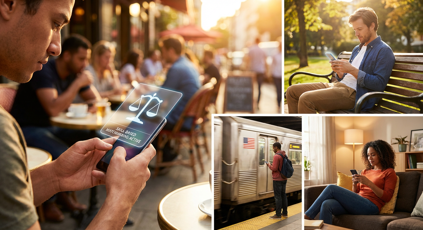 A close-up of a smartphone screen displaying complex matchmaking analytics with a cyberpunk aesthetic.