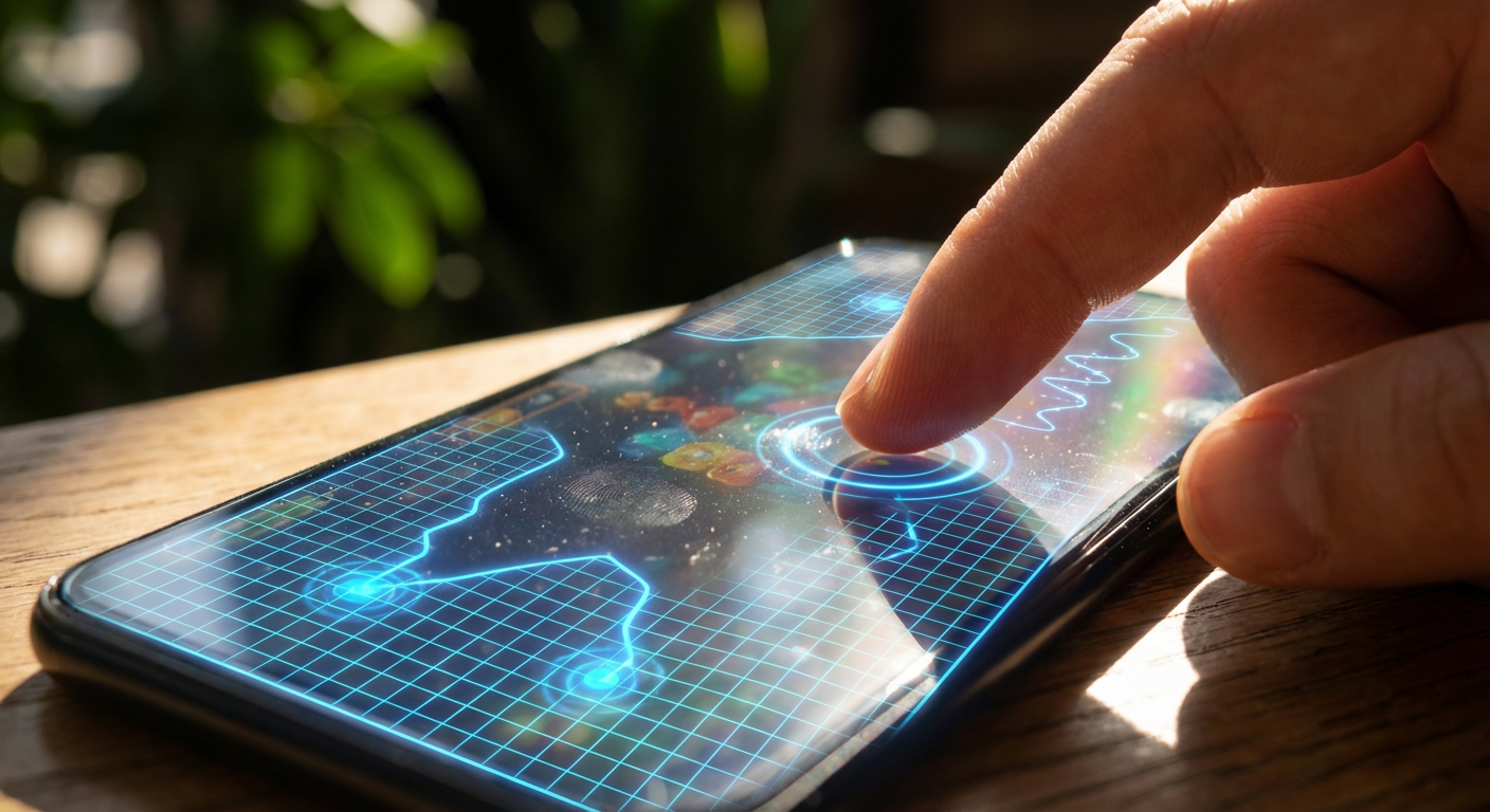 Digital visualization of biometric security scanning a finger tap on a screen.