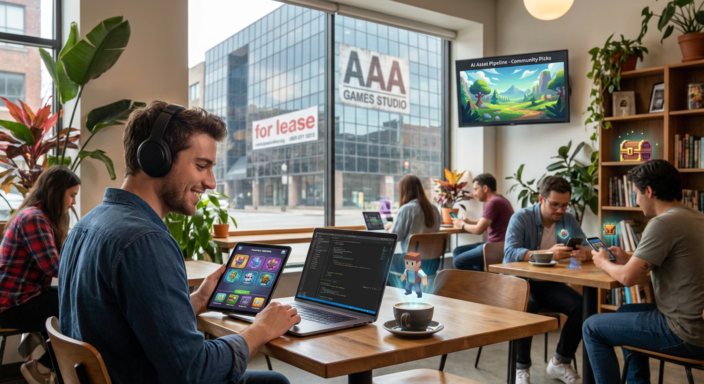 A sleek digital workspace showing game design assets floating above a mobile device screen