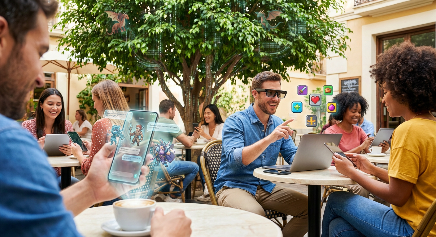 A lone indie developer working at a high-tech multi-monitor setup, glowing with lines of code and brightly colored game assets, symbolizing the power of AI tools over massive studios.
