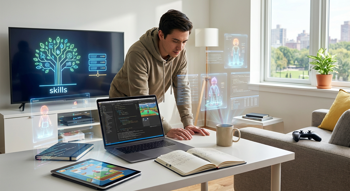 A close-up shot of a smartphone screen displaying a vibrant skill-based mobile game, held by hands in a warmly lit, modern cafe setting, with other people casually gaming in the background.