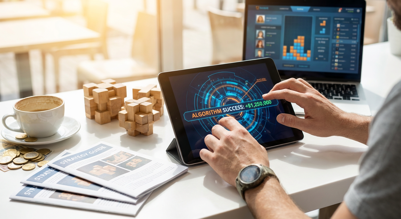 A highly sharp and focused digital rendering of a glowing logic puzzle hovering above a stylized tournament arena