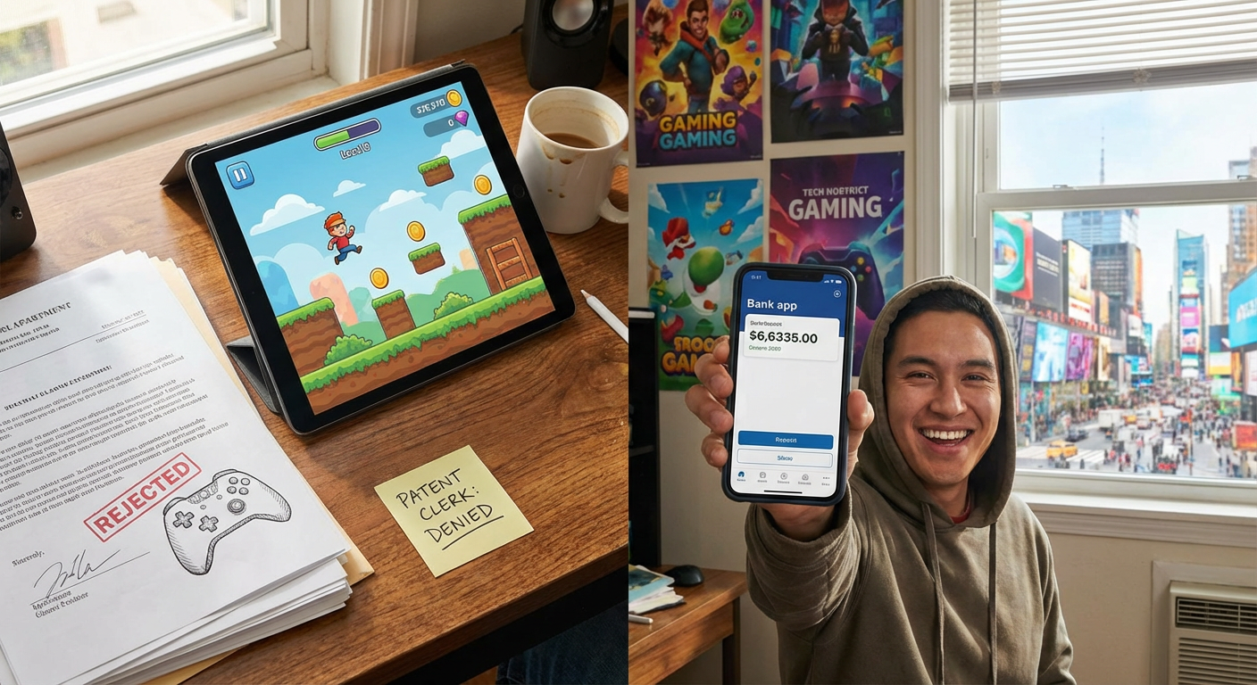 A developer coding a mobile game on a bright laptop screen, surrounded by glowing competitive performance metrics