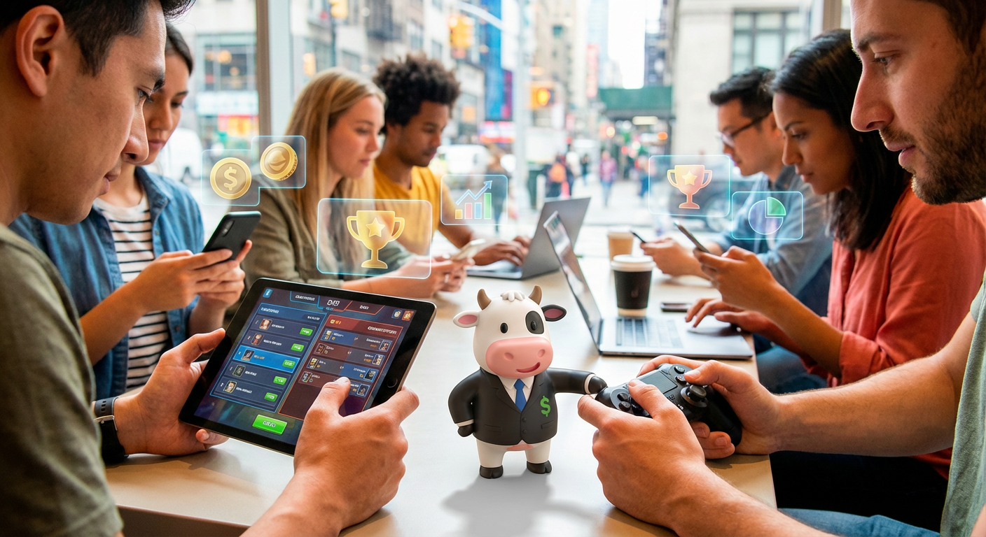 Neon digital display showing a massive surge in mobile gaming revenue charts set against a dark urban studio background