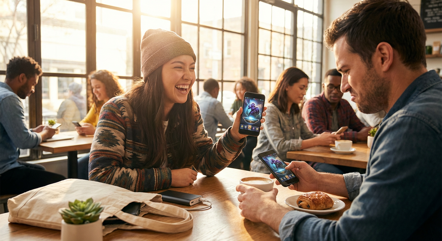 A close-up cinematic shot of a smartphone screen displaying intense gameplay in a dimly light subway car, emphasizing the focus of the player.