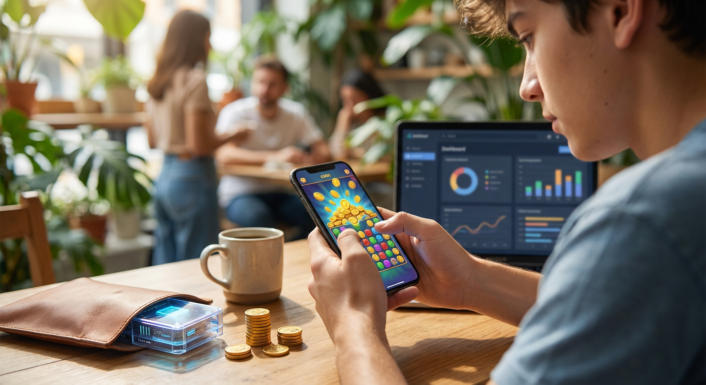 Photorealistic scene of a game developer looking at dynamic telemetry data on a glowing monitor screen in a modern studio