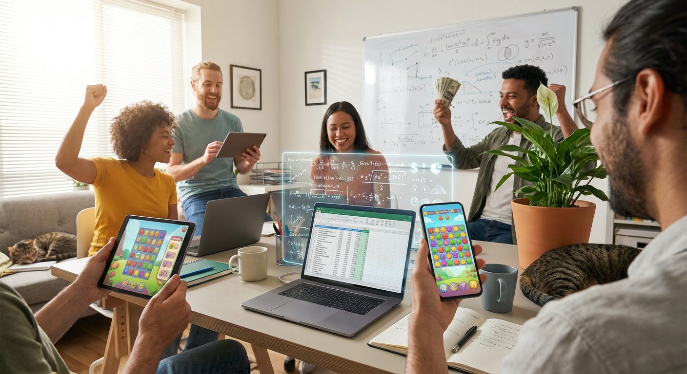 A close-up of a developer's glowing computer screen displaying complex backend server analytics and sweeping revenue charts next to a modern smartphone running a competitive casual game.