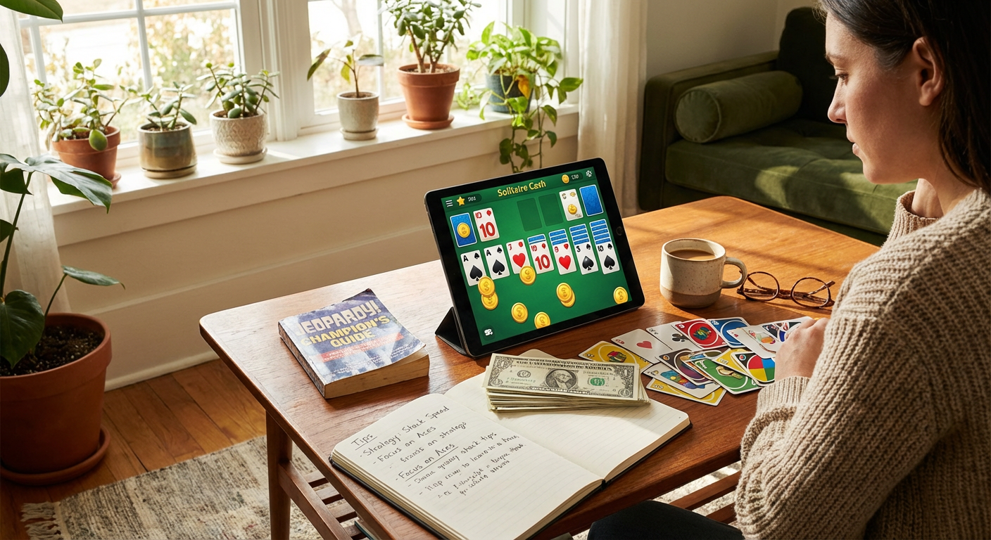 A close-up of a person confidently holding a smartphone, actively playing a vivid mobile card game in a sleek, competitive gaming environment.