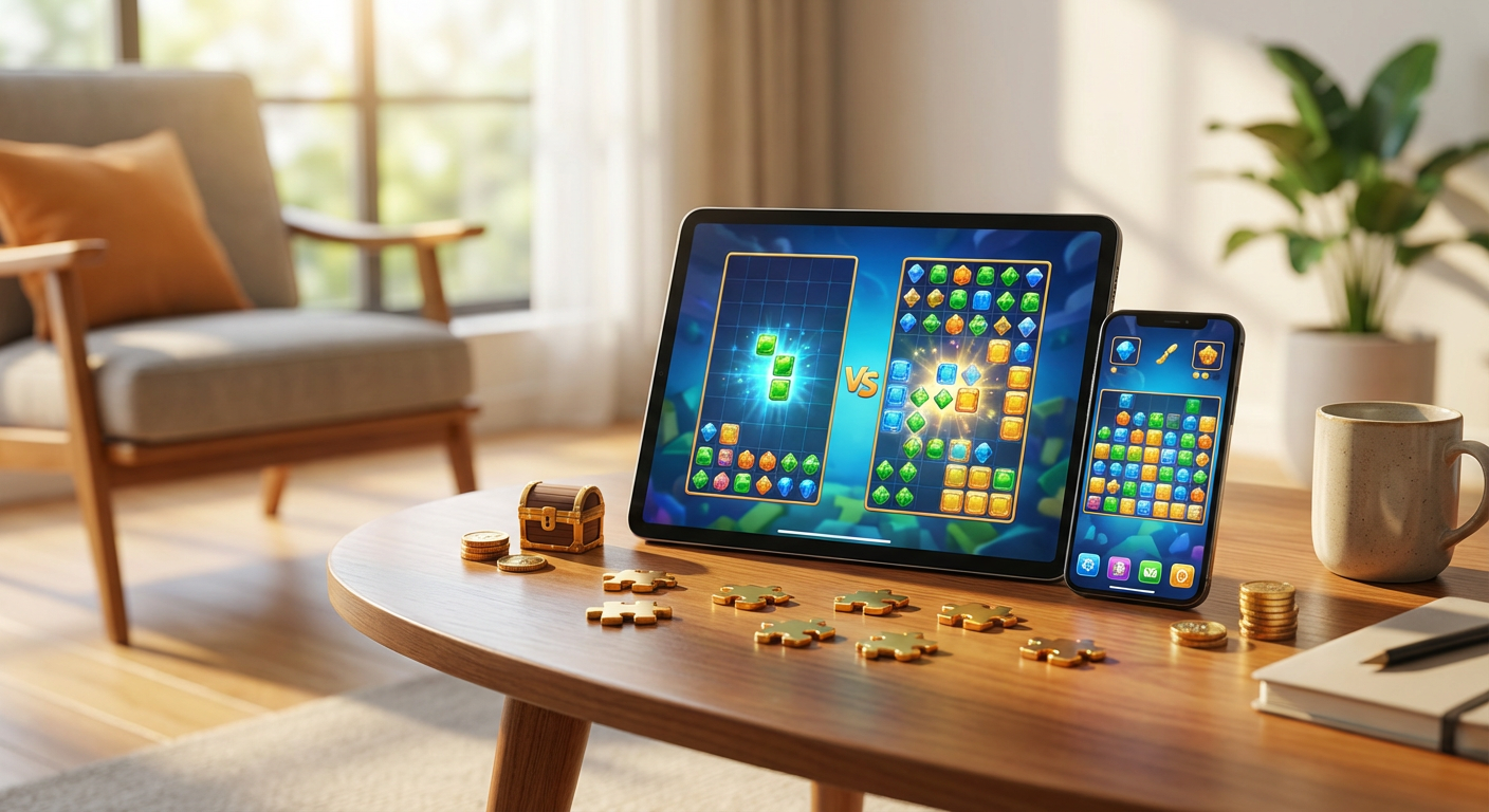 A highly detailed, photorealistic smartphone displaying an intense puzzle game interface, illuminated in a dynamic, high-tech studio environment.