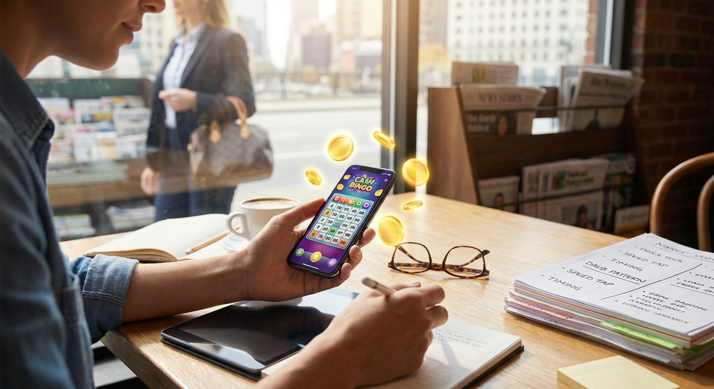 Neon-lit graph overlaying a fast-paced mobile bingo gameplay screen with millisecond timestamps