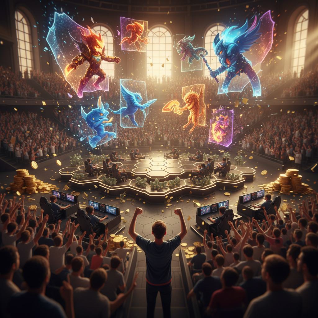 A close-up, cinematic shot of a esports player's hands gripping a futuristic smartphone, backlit by stadium lights.