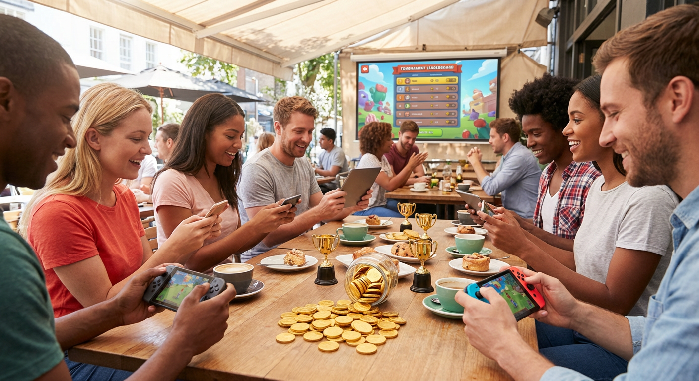 A close-up shot of a smartphone displaying a colorful digital gaming interface, held steady by someone enjoying a sunny afternoon break at a wooden cafe table.