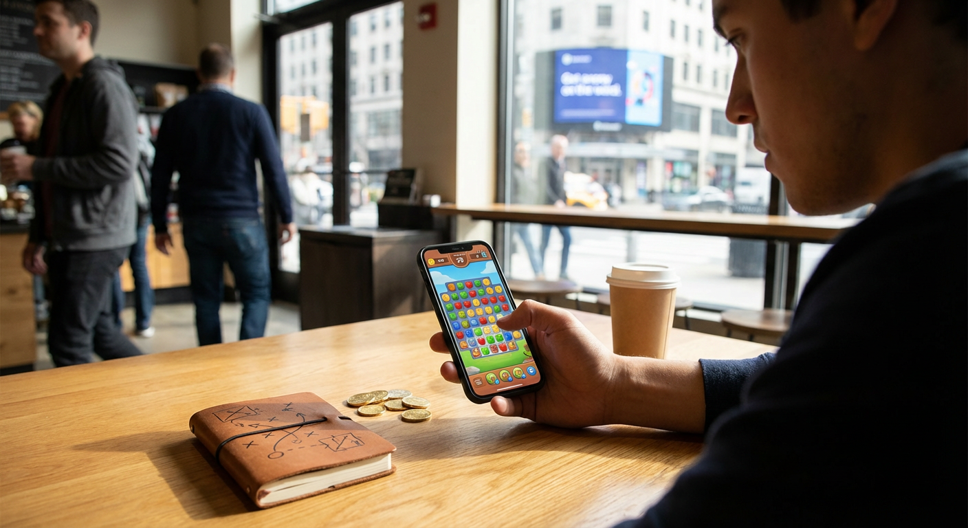 A modern smartphone displaying a glowing competitive mobile game overlaying a vibrant financial chart.