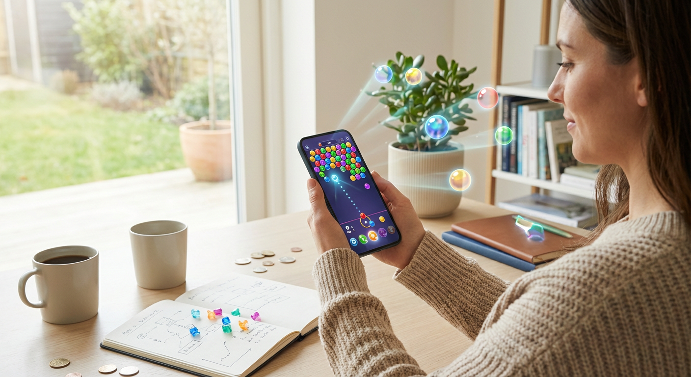 Close up of a smart phone displaying a colorful bubble shooter game showing precise trajectory physics with players competing in absolute focus