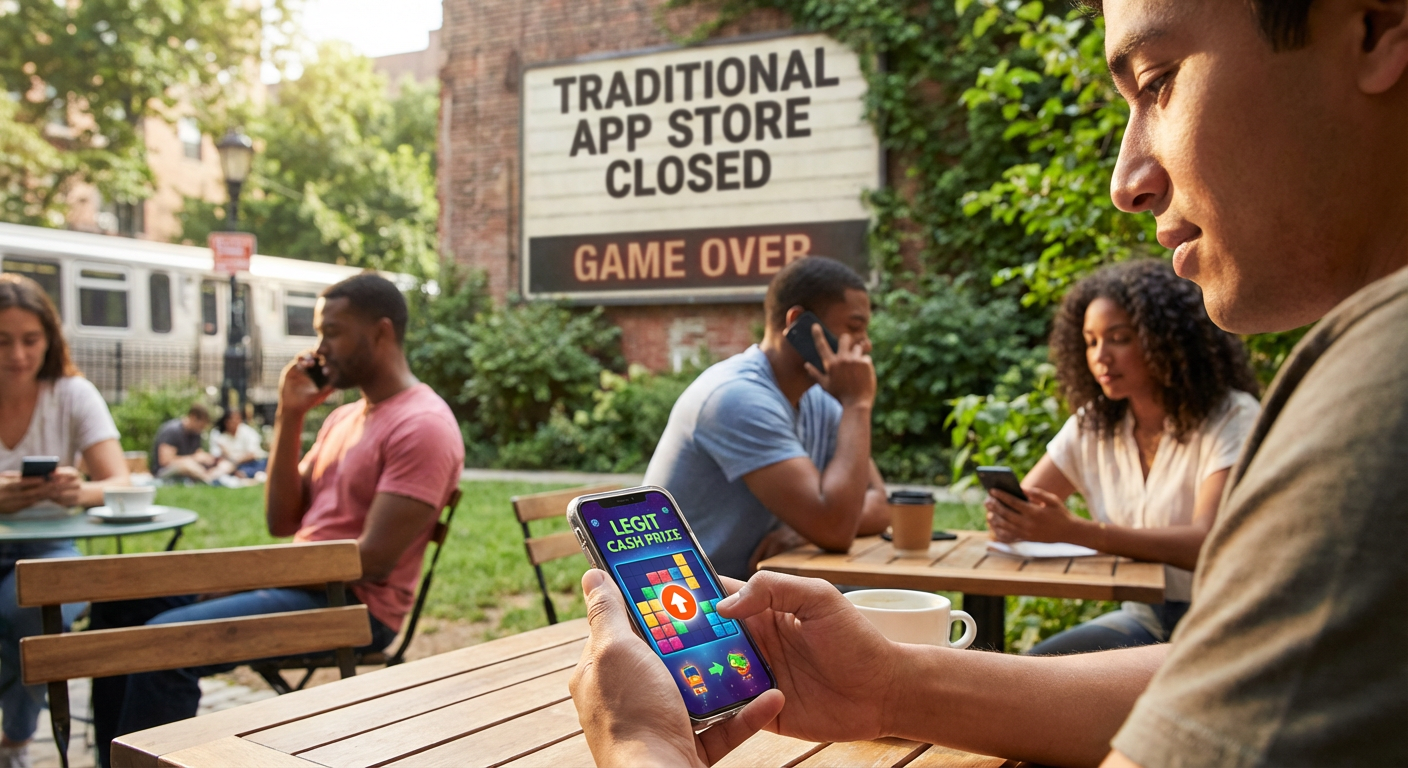 A close-up of a high-end smartphone displaying an active, vibrant puzzle game interface, held by a person focused on the screen, softly illuminated by natural sunlight in a modern setting.
