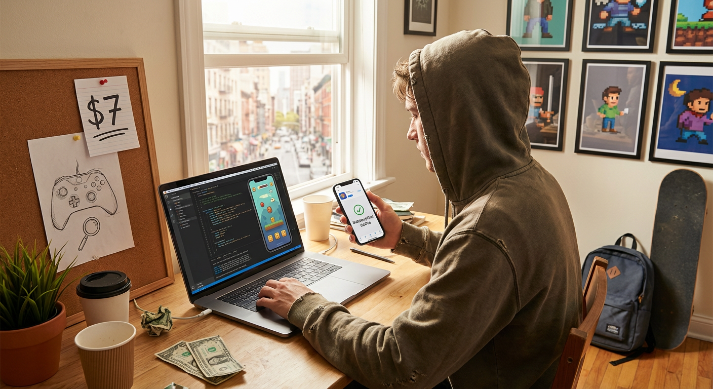 A highly detailed, photorealistic view of a digital subscription pass displayed on a modern smartphone screen, glowing warmly against a backdrop of complex coding schematics and vibrant mobile game icons.