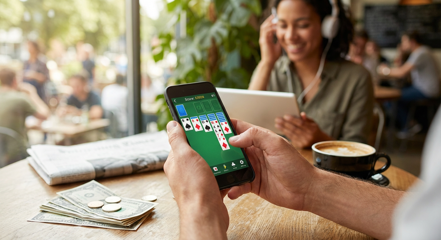 A person focused intensely on playing a mobile skill-based card game on their smartphone outdoors.