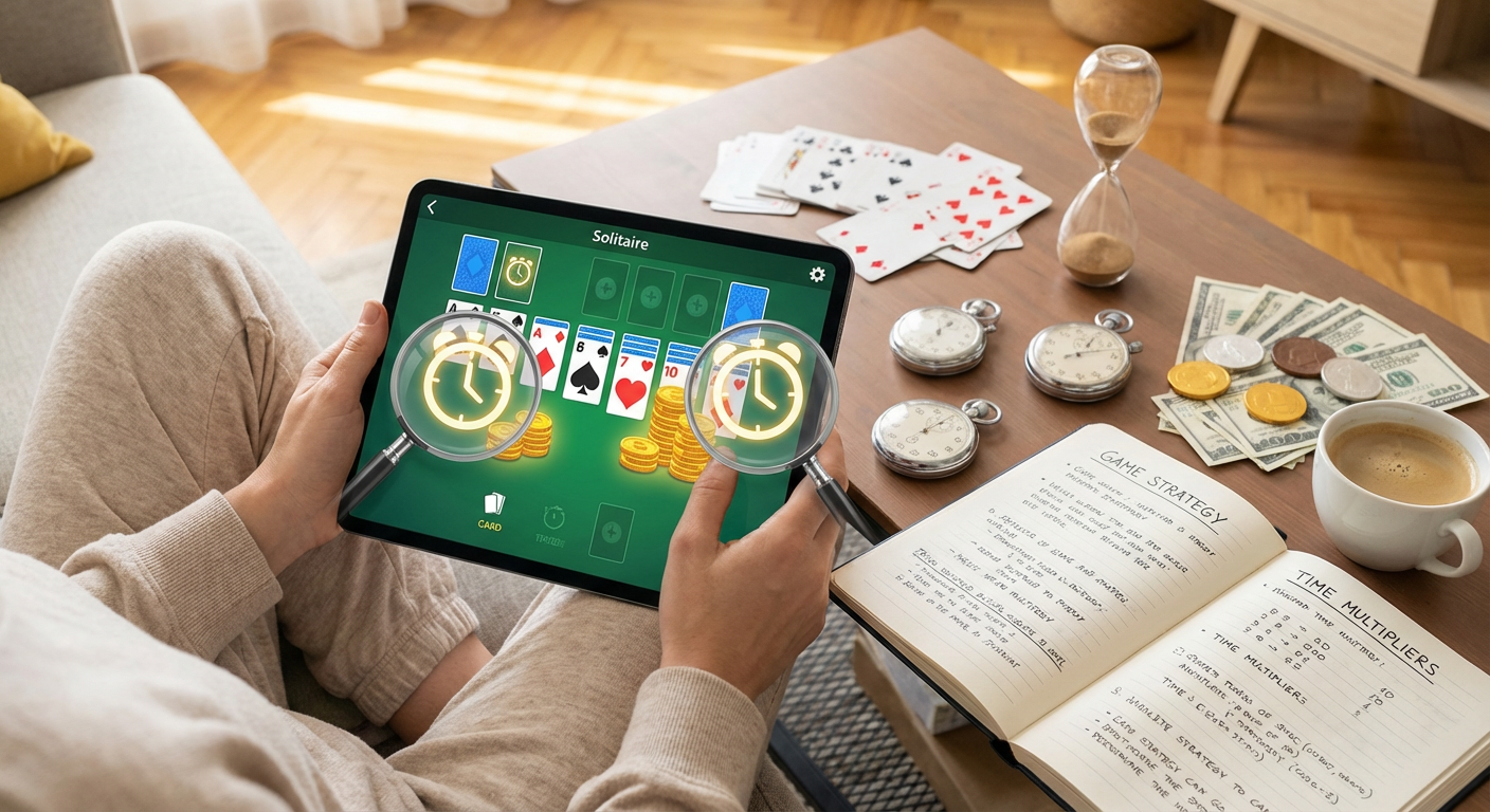 A close-up shot of a smartphone screen showing a Solitaire game mid-play, with a timer prominently displayed on the top. Hands are blurred in motion around the phone, suggesting fast, active play. The background is a brightly lit, modern cafe setting.