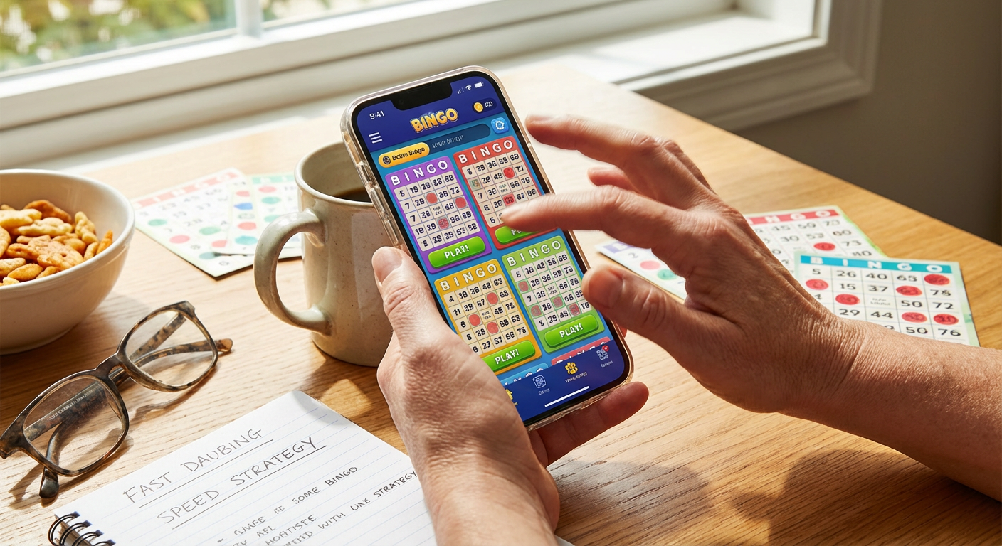 A close-up view of a person holding a modern smartphone horizontally, thumbs poised over glowing virtual bingo cards. Vibrant dynamic lighting reflects intense focus, symbolizing fast daubing reflexes.