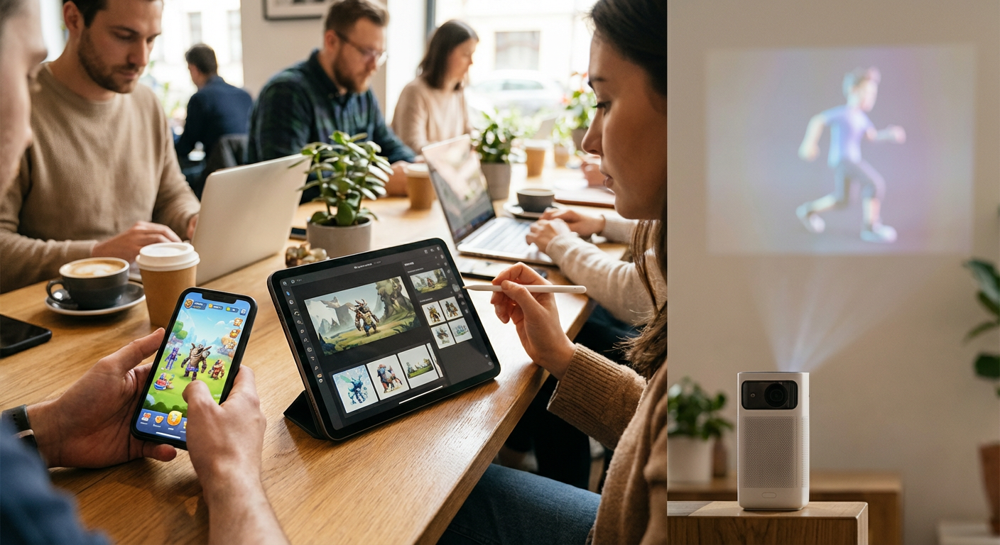 A solo indie developer working rapidly on a laptop with neon graphics reflecting in their glasses.