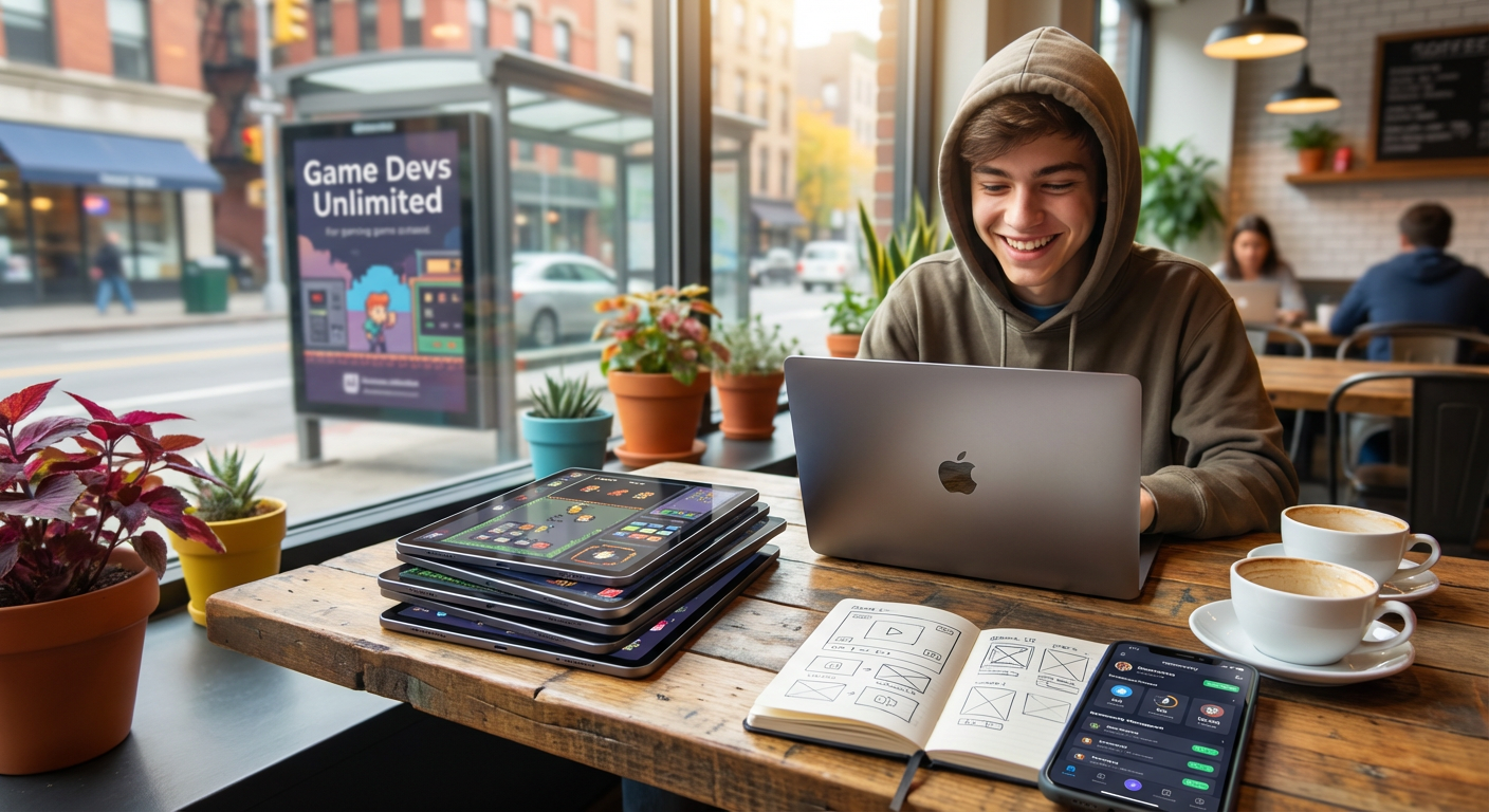 A close-up of a mobile developer looking at lines of code on a monitor while holding a smartphone running a vibrant competitive mobile game.