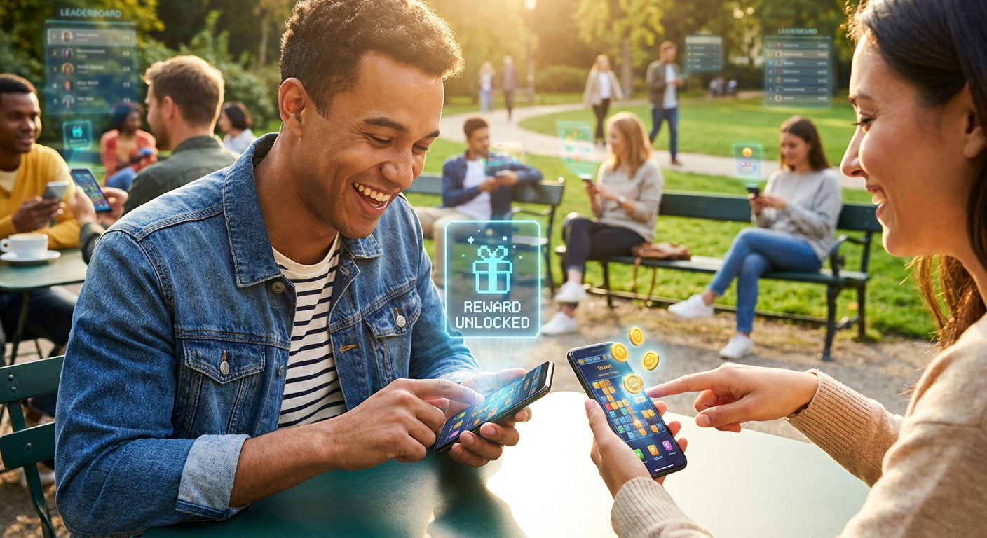 Photorealistic image of a young adult intently playing a mobile game on their smartphone while sitting in a vibrant, modern cafe, sunlight streaming in.