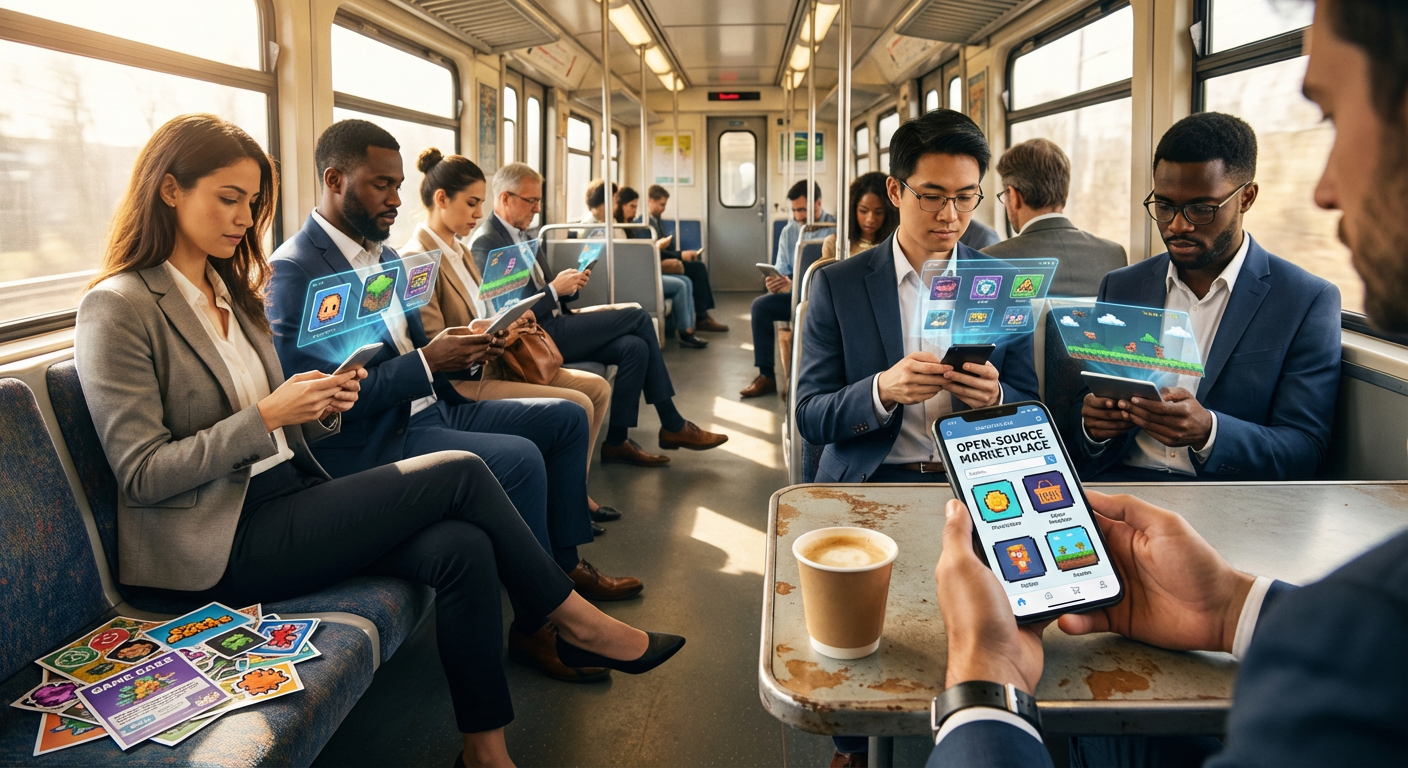 A sleek modern smartphone displaying a secure direct payment portal, surrounded by digital coins and a bustling developer workspace in the background.