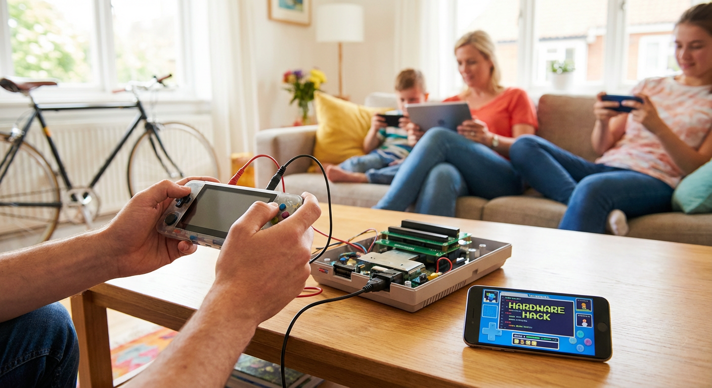 Close up shot of a high end mobile gaming controller gripping a smartphone displaying a competitive game, lit dramatically to highlight the hardware textures.