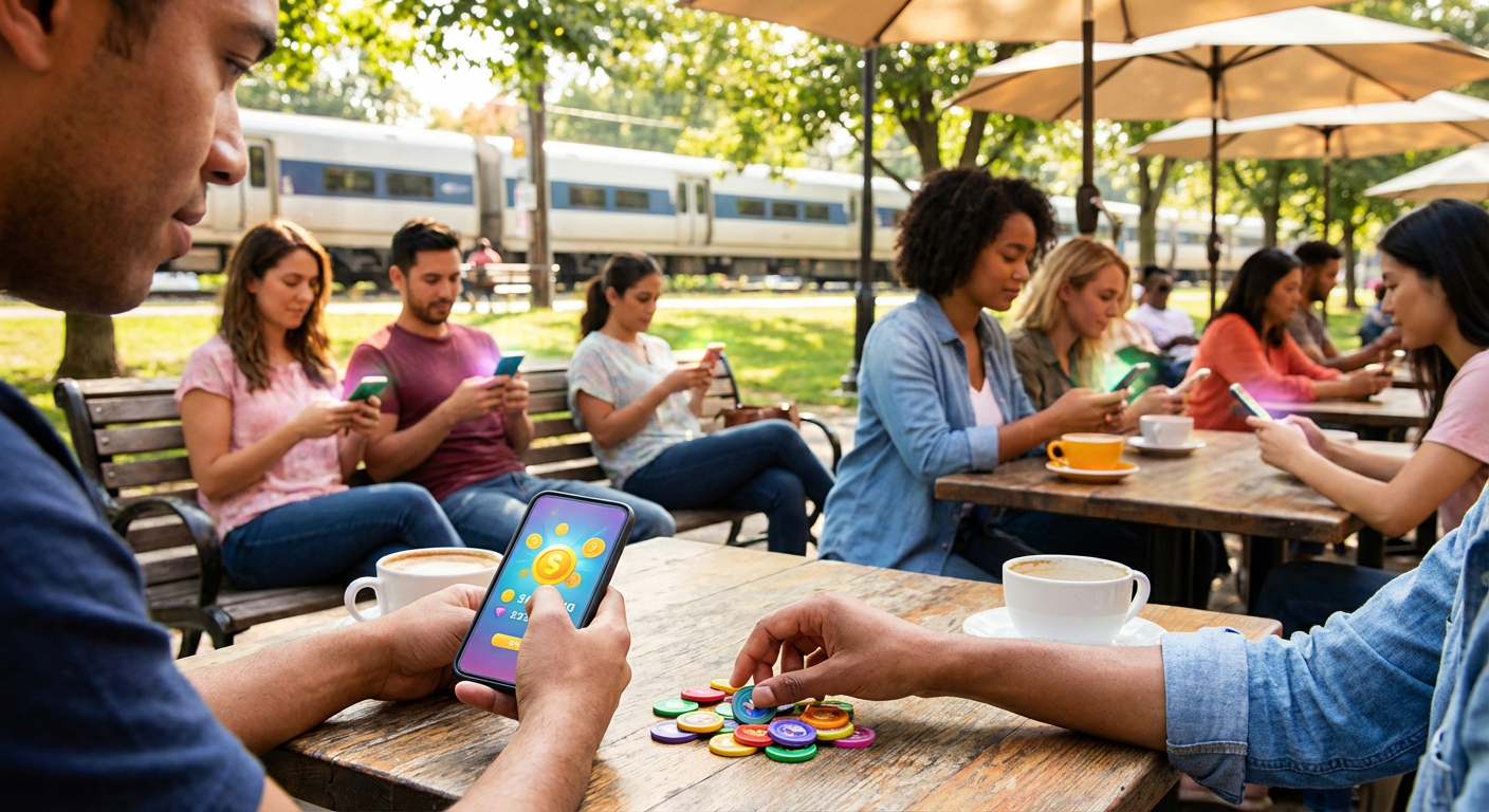 A woman holding a smartphone and smiling in a sunlit coffee shop, casually playing a competitive mobile game with a floating digital scorecard beside her.