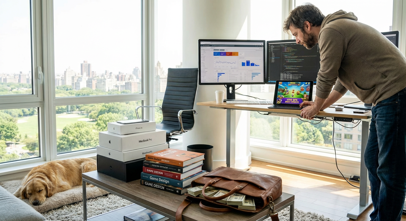 A female commuter smiling while playing a beautifully illuminated mobile game on her phone during a train ride.