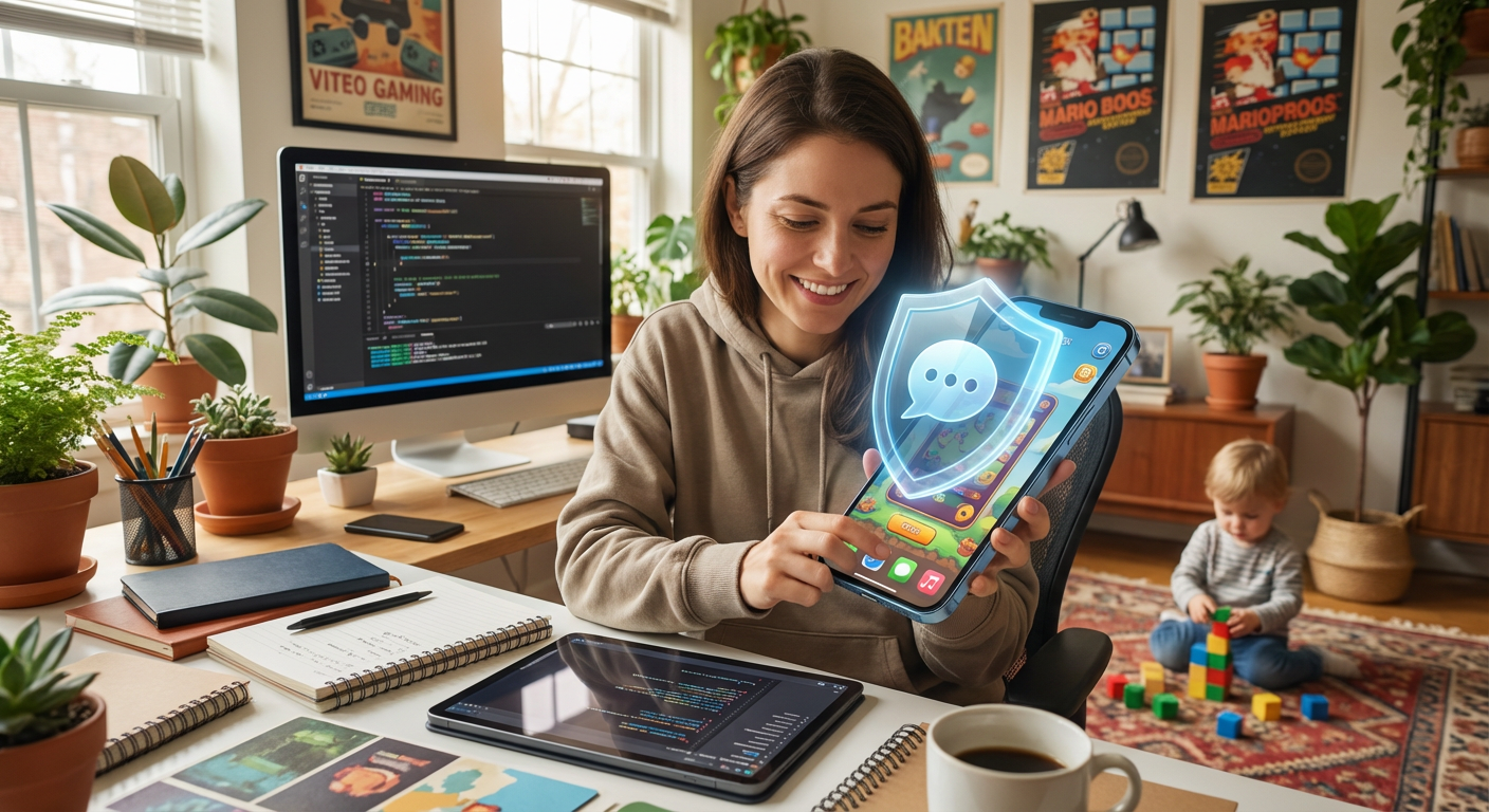A close-up of a high-end smartphone displaying an active, colorful mobile game interface, held by a person relaxing in a bright, modern cafe setting.