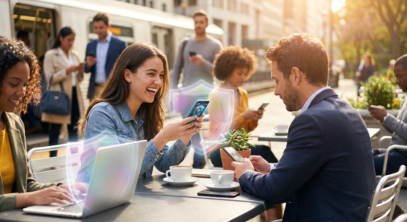 A close-up of a diverse group of young adults deeply engaged in fair, competitive mobile gameplay, illuminated by the bright screens of their smartphones.