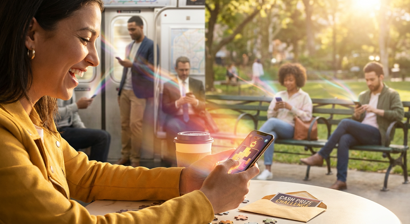 A close up of a bright smartphone screen displaying a secure mobile tournament matchmaking interface in a stylish, sunny environment.