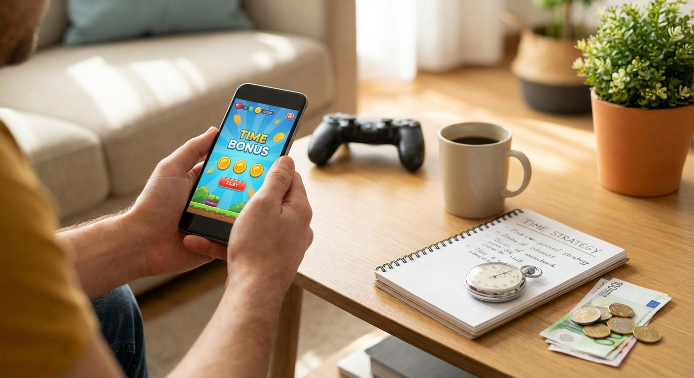 A serious gamer hyper-focused on a mobile game screen, surrounded by abstract glowing math formulas and digital clocks signifying time strategy.