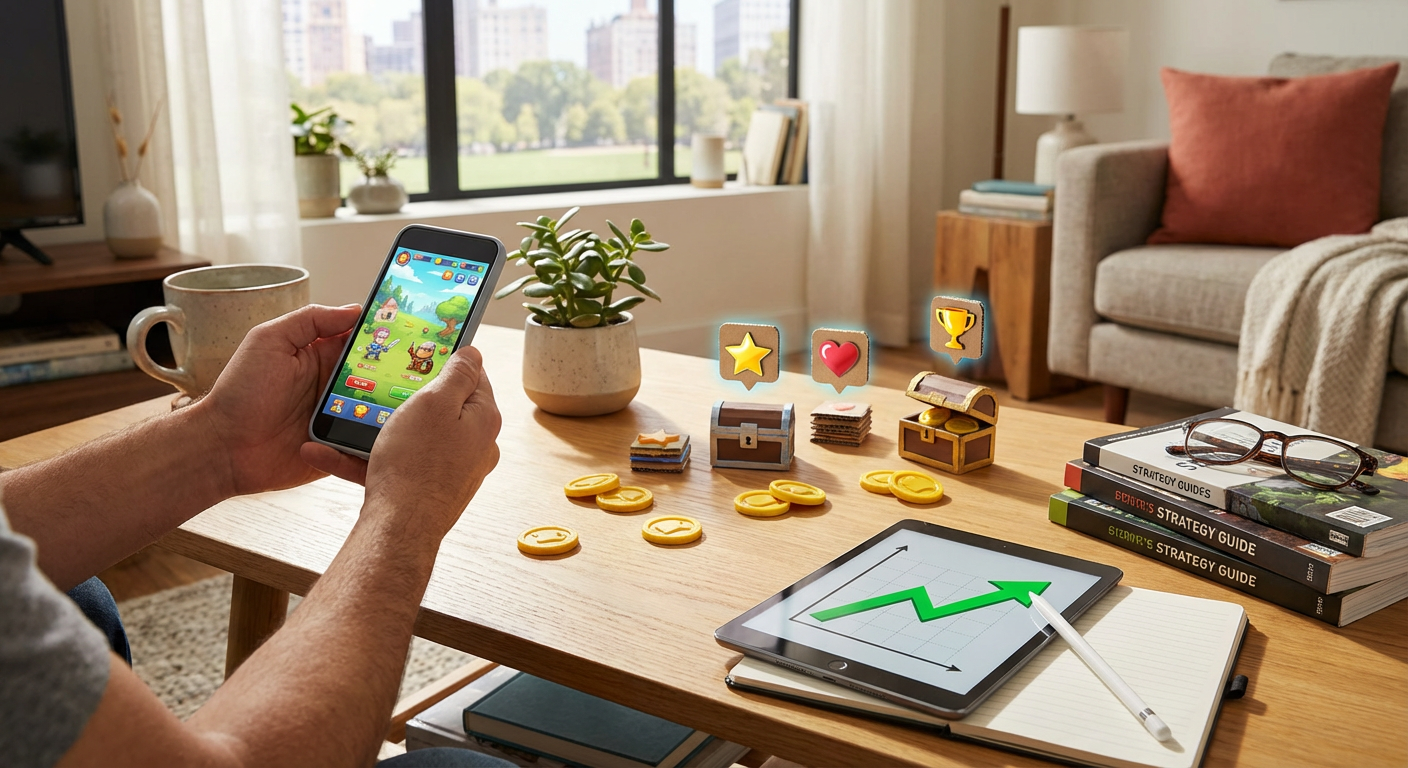 A close up view of a glowing mobile smartphone displaying a high score victory screen, resting on a rustic wooden table next to a coffee cup, illuminated by warm morning sunlight.