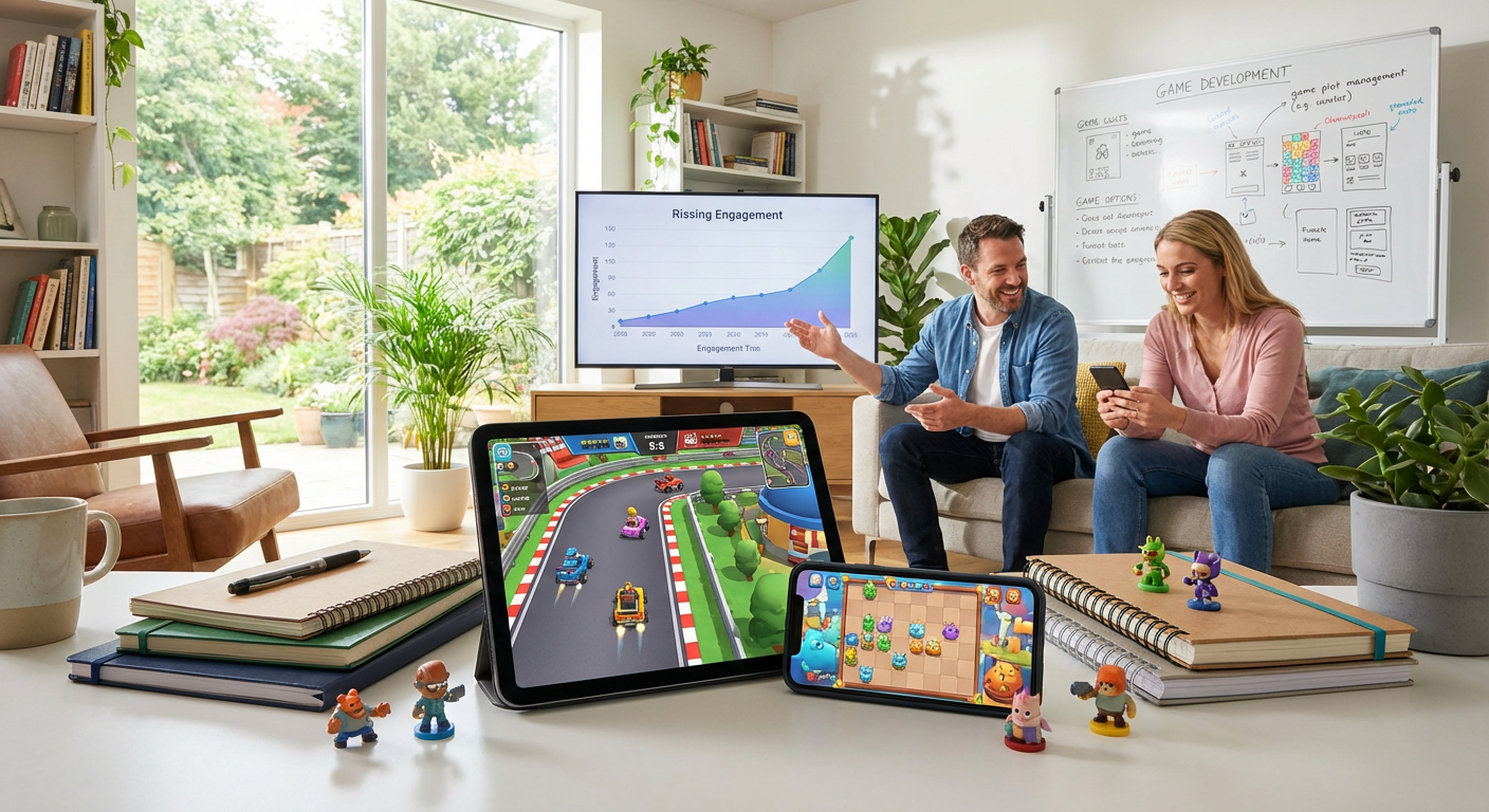 An independent game developer sitting happily at a messy desk looking at an analytics dashboard showing a massive revenue spike on their mobile game.