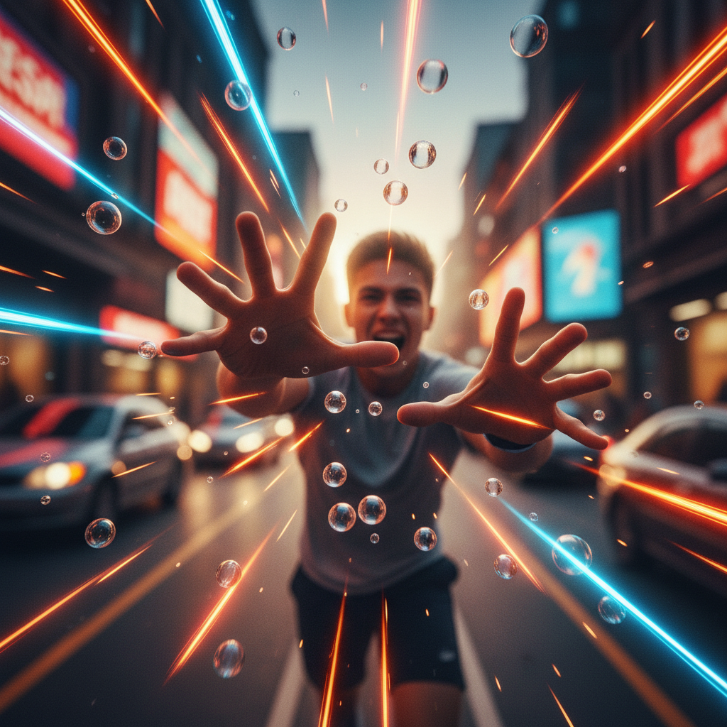 Close up of a determined woman's hands holding a smartphone in a dimly lit coffee shop, thumb hovering over a purple bubble.