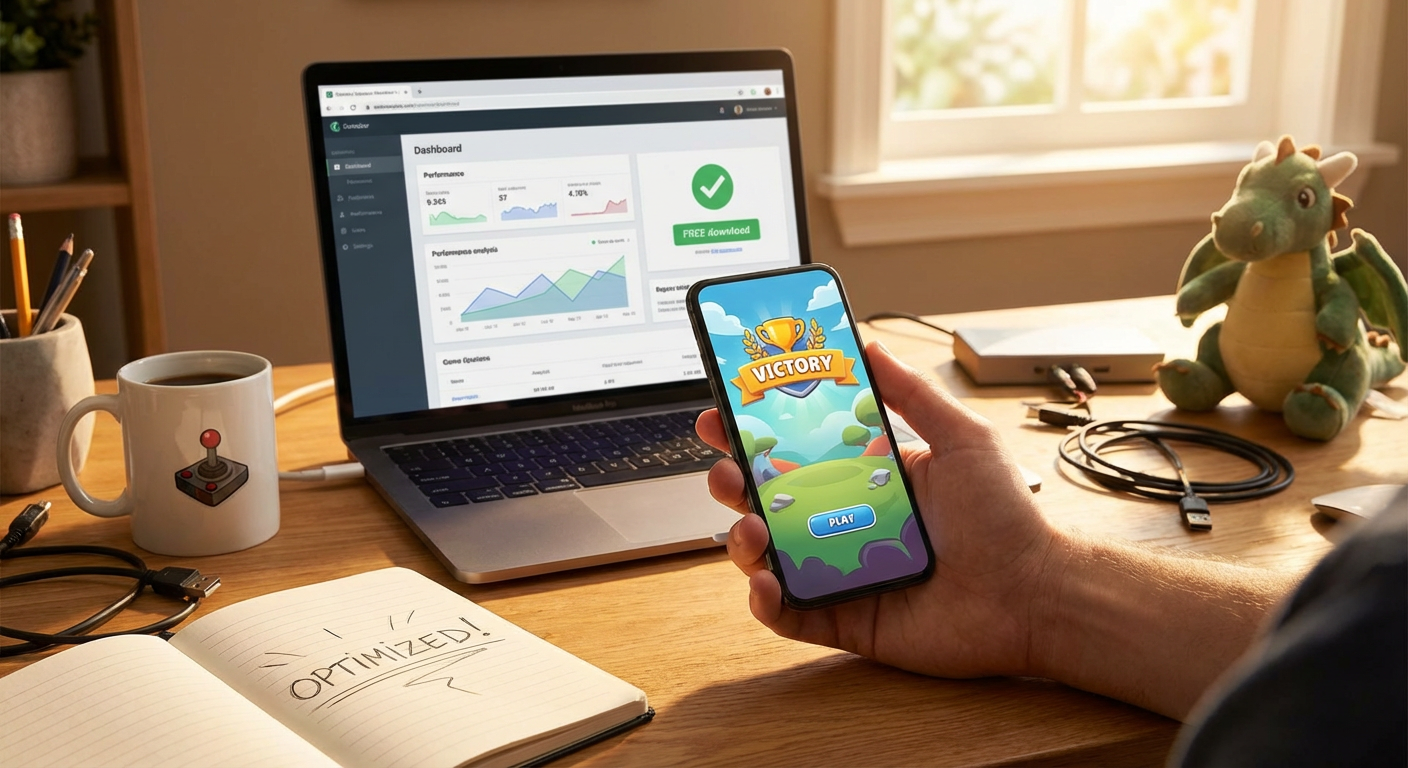 A close-up of a mobile developer analyzing complex diagnostic charts on dual monitors, visualizing frame rates and battery performance over mobile code.