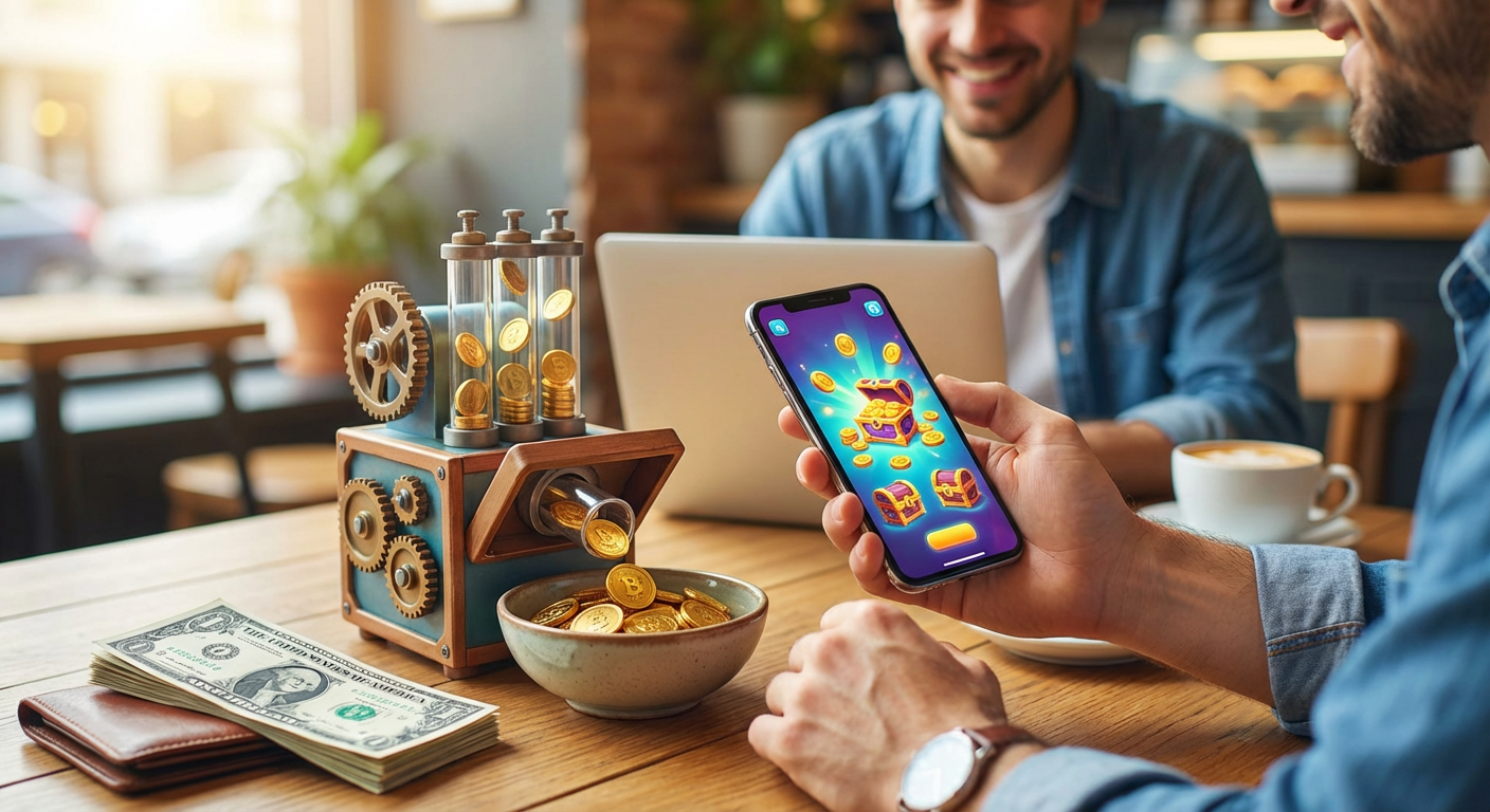 A highly detailed, editorial shot of a smartphone displaying a complex puzzle game interface, resting on a sleek wooden developer desk next to financial analytics charts.