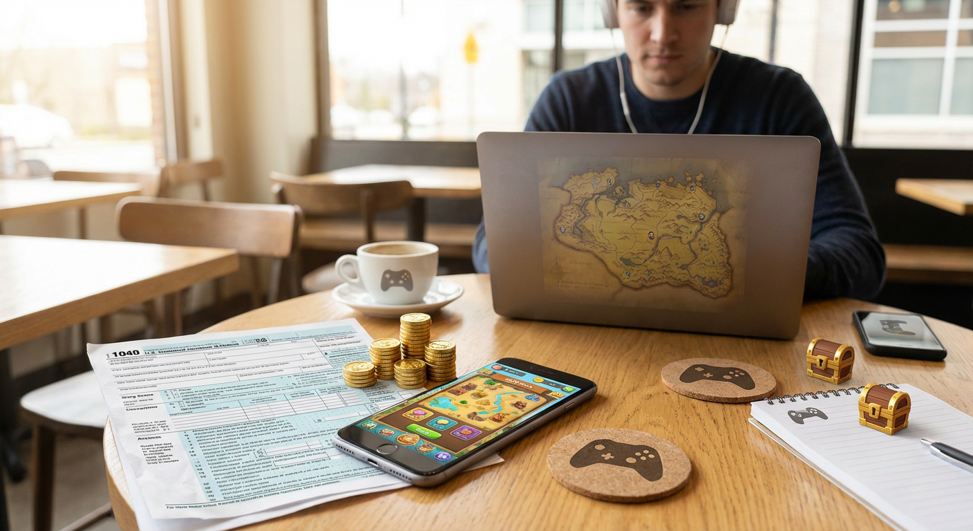 A highly detailed, photorealistic editorial image revealing a sleek mobile phone displaying a competitive skill-based game alongside financial charts and tax documents, bathed in cinematic lighting.