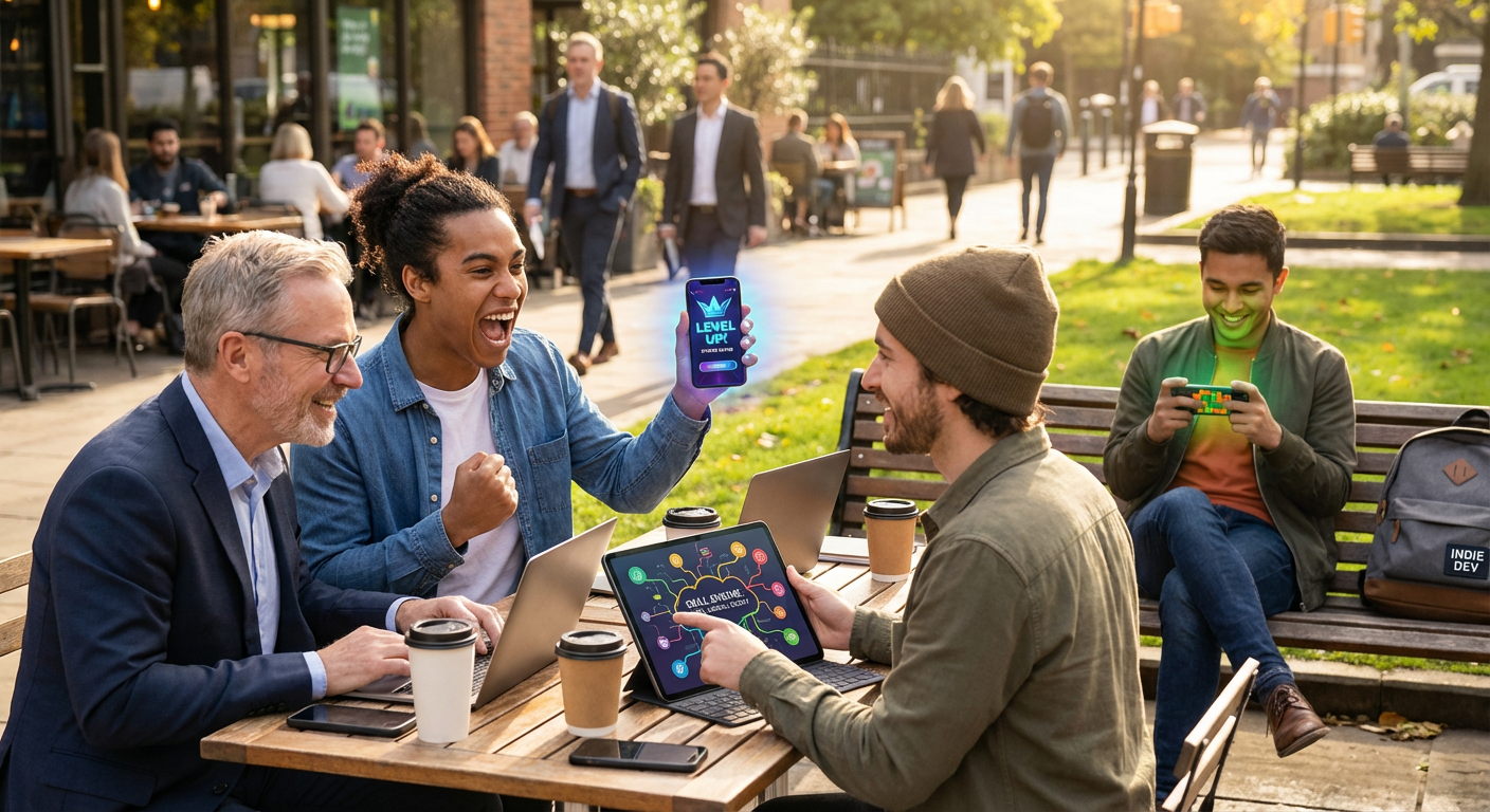 A sleek, modern mobile developer workstation in 2026 showing code and a high-stakes mobile tournament screen, with soft cinematic lighting.