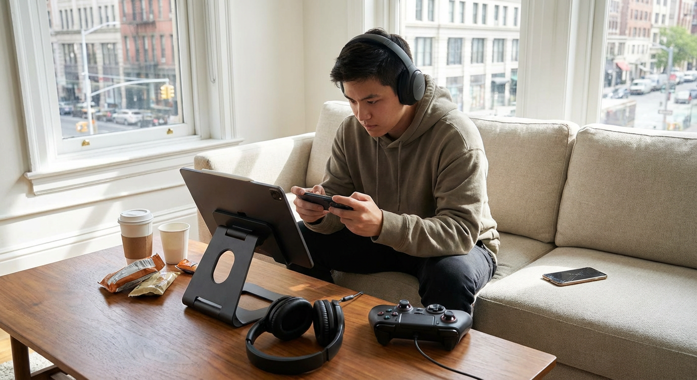 A high-end mobile gaming tablet displaying intense competitive gameplay against an urban skyline backdrop.