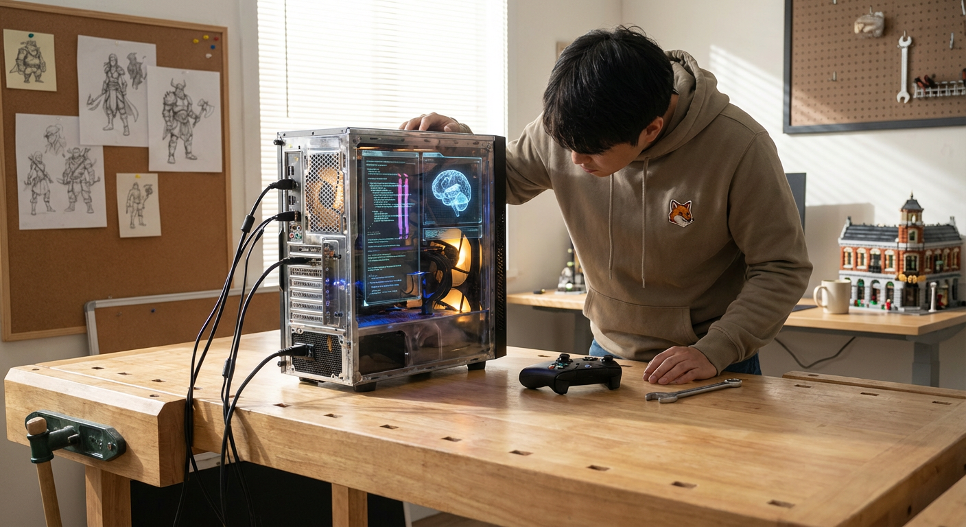 A skilled indie mobile developer analyzing algorithmic matchmaking data on multiple sleek monitors in a modern, brightly lit home studio workspace