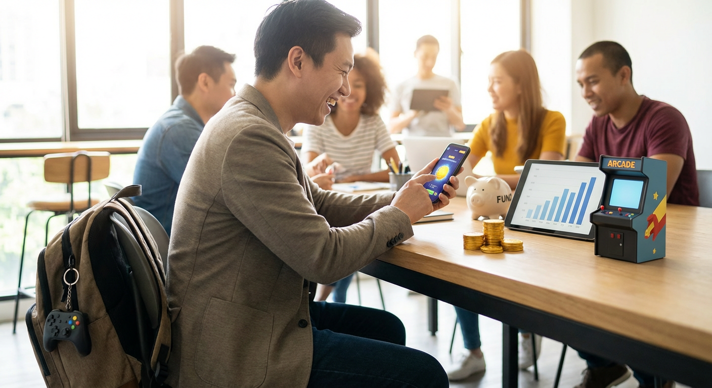 A close up view of a glowing digital dashboard showing mobile game analytics, skill-to-luck ratios, and financial projections intersecting with mobile gameplay.