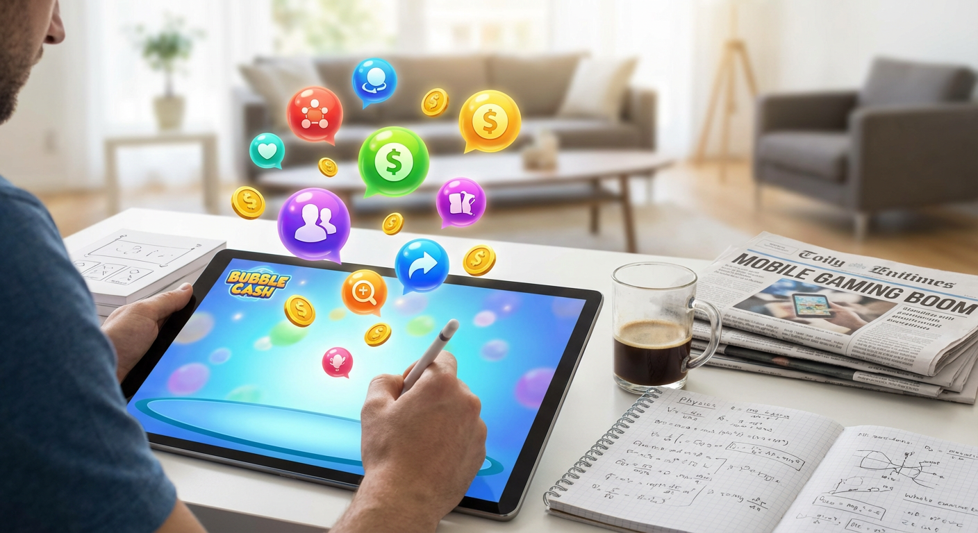 A sleek, high-definition visualization of a mobile game physics engine calculating perfect geometry over a vibrant blue background, symbolizing precise skill-based gaming mechanics.