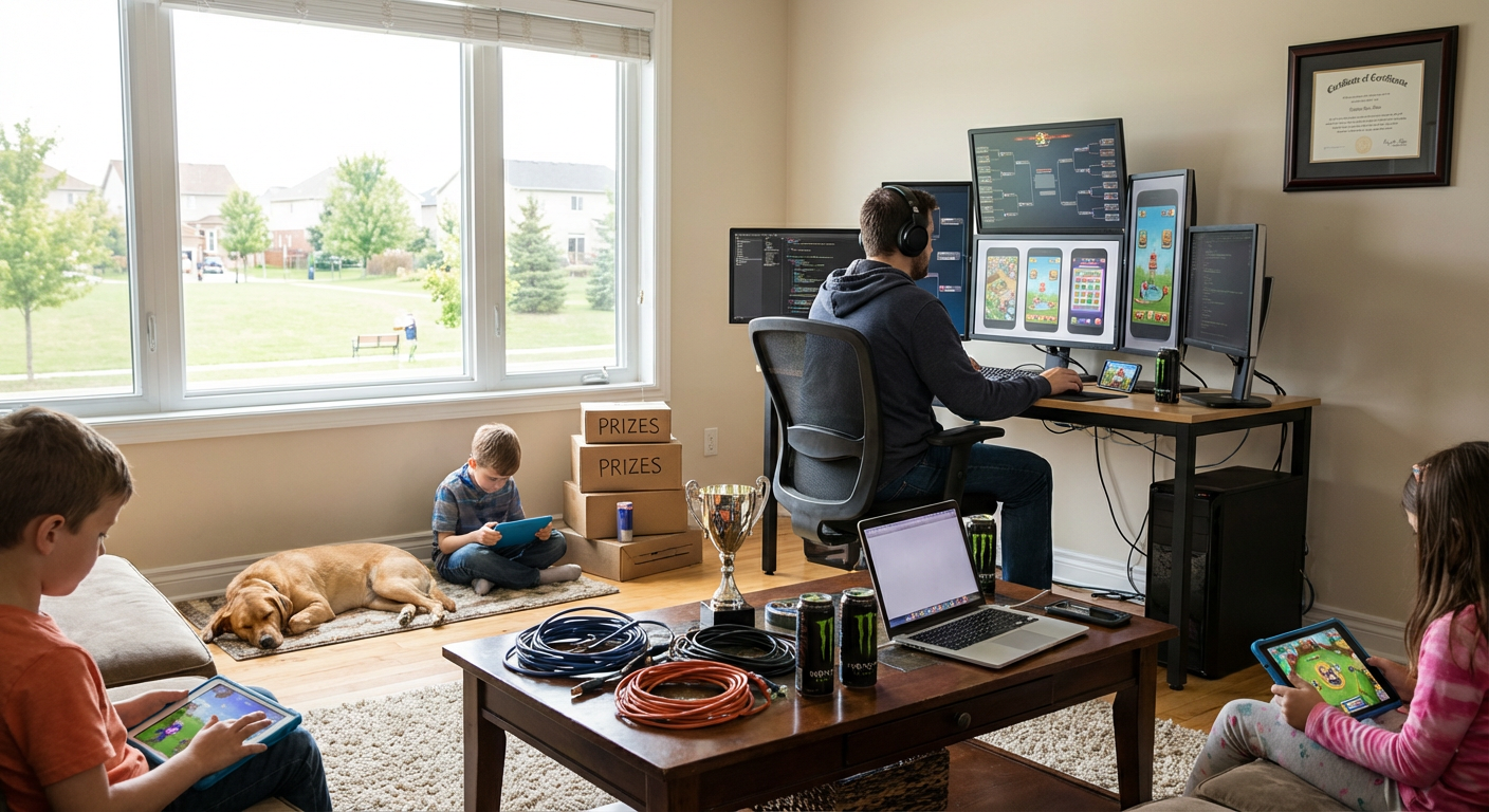 A close-up shot of a smartphone displaying a highly detailed analytical developer dashboard for mobile esports tournaments, held by a person in a bright office space.