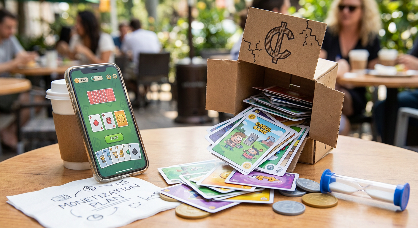 Woman playing a casual card game on a tablet surrounded by stylized, glowing brand logos, representing community sponsorships