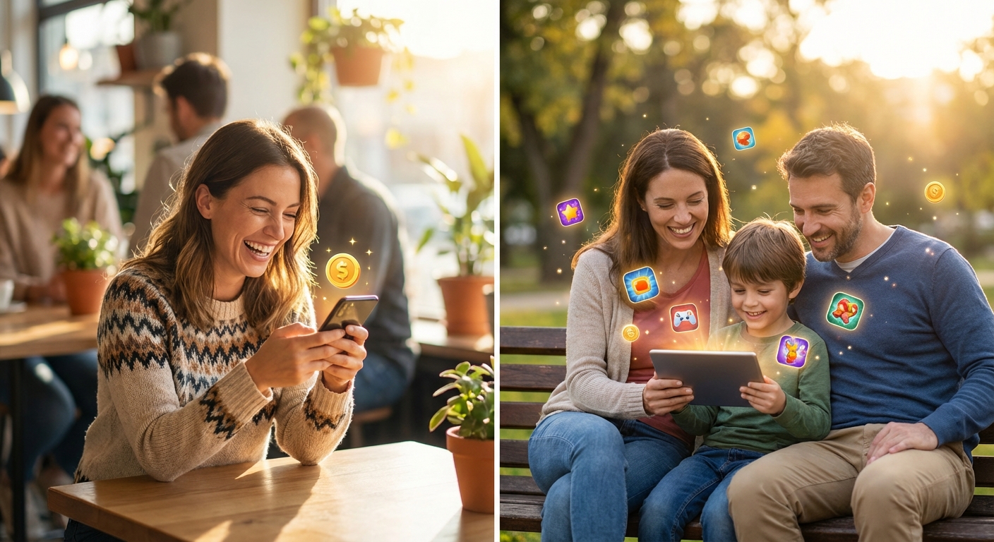 A close-up of a developer's hand holding a smartphone displaying a colorful puzzle game, with investment term sheets blurred in the background.